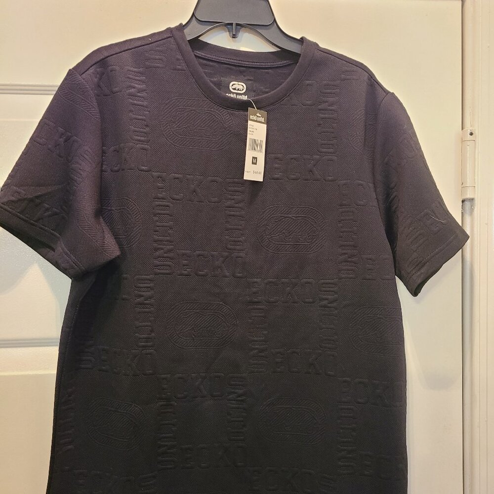 Ecko Unltd Allover Raised Letter Logo Men’s Shirt Black Size Medium NEW.